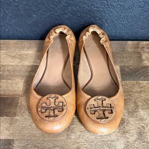 Tory Burch Cognac Leather Logo Ballet Flats Size 8